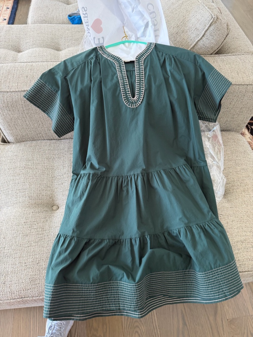 Pomander Place Forest Green Dress with Pink Contrast Stitching